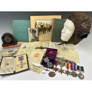 WW2 RAF Battle of Britain Ace Hurricane / Hurricat Gallantry Medal Group Flight Lieutenant  Norman Taylor comprising of: Distinguished Flying Cross, Distinguished Flying Medal, 1939-45 Star with Battle of Britain Clasp, Africa Star, Air Crew Europe Star with Atlantic Clasp, War Medal, Air Efficiency Medal (Replacement) The DFM & DFC are complete with original presentation cases: Medal award slip: Award Telegrams, Ribbon Bars with Rosettes: Three Flying Log books which are very well filled in, inc Victory Day Fly Past 1946: Caterpillar Club badge (official replacement as original lost when killed) with documentation & membership card: Photo album inc many fellow Pilots over 130 images: Early pattern C Type flying helmet: Uniform removed RAF Pilots wings: Identity Disc, Smiths Cockpit Clock, Camera, ear plugs, "Victor" Comic on his DFC, letters, newspaper cuttings, etc. https://en.wikipedia.org/wiki/Norman_Taylor_(RAF_officer) https://www.bbm.org.uk/airmen/TaylorN.htm https://www.key.aero/article/norman-taylor-hurricane-aces-exploits-land-and-sea
