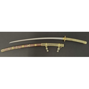 Japanese Katana Sword with single edged blade 755mm in length with Hamon line to the cutting edge. Tang is signed to both sides. Gilt habaki & inome-ni aoi-gata shape Tsuba. Samegawa Shagreen Ray Skin grip with green Tsuka-ito cloth binding with gilt Menuki. Overall length 1030mm. Complete with Saya scabbard in brown with matching fittings.