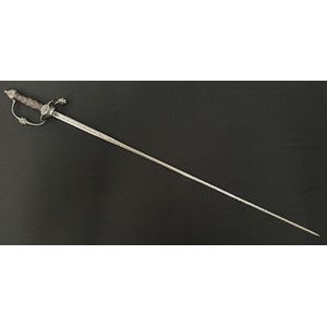 Rapier Sword with fullered double edged blade 792mm in length, marked "Sachav and "Eiviecho".  Guard with Lions head and Grotesque mask, pommel with grotesque mask. Wire bound grip. Brass accountability tag numbered "343" around grip. Overall length 940mm. No scabbard.