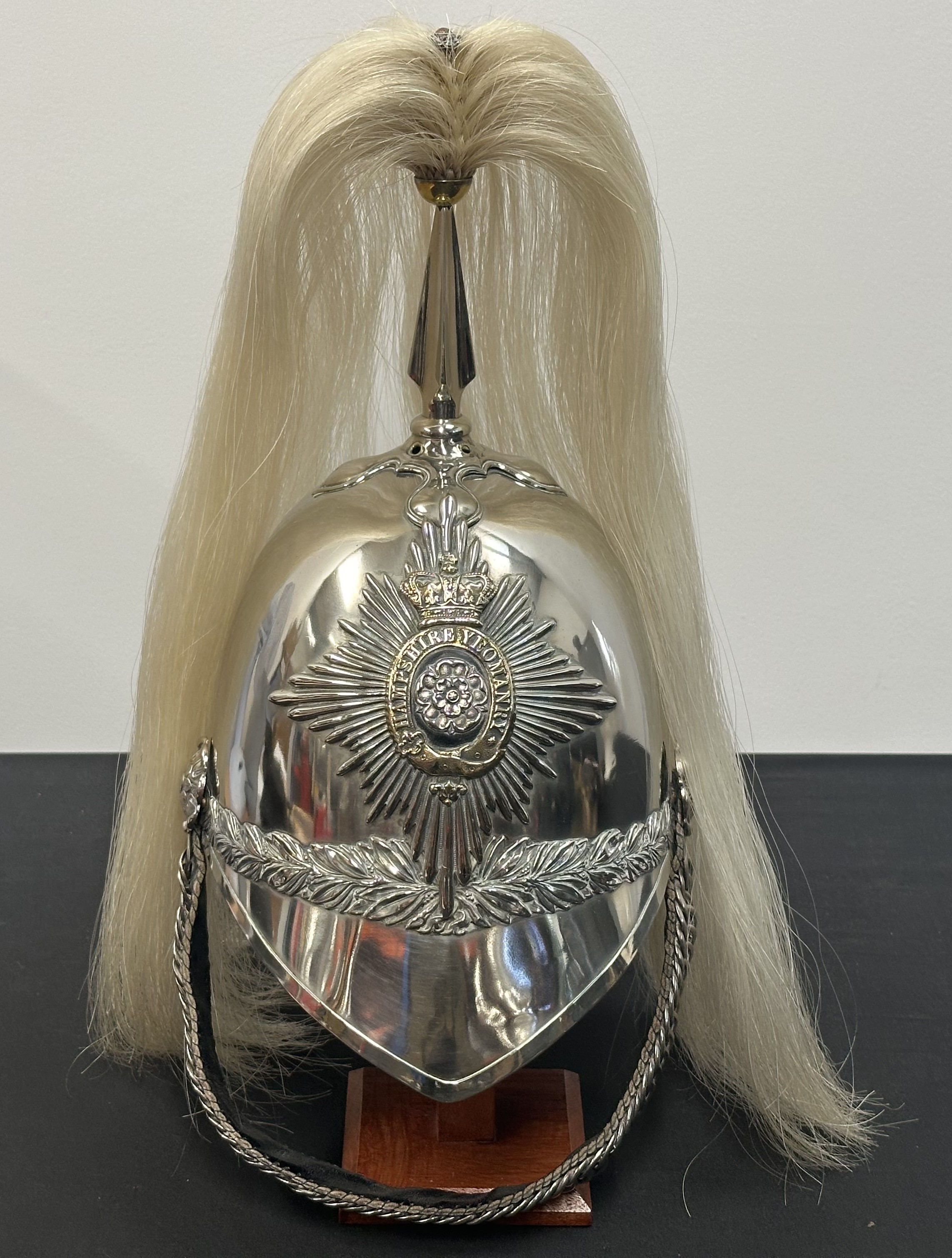 Victorian Hampshire Yeomanry Helmet complete with helmet plate with Queen Crown, Plume, black leather liner and chinscales. Very clean condition.