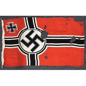 WW2 Third Reich Reichskriegsflag in relic condition. Well marked with KM Eagle M acceptance stamp along with size marking 0,8 x 135. The 80x135cm sized flags were used on vessels up to 500 tons, including U-Boats and E-Boats and tugs. New to the market, war souvenir of a member of the Royal Marines.