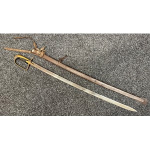 Pre-WW2 Polish Officer’s Sword wz.21 with triple fullered single edged blade 795mm in length with etched decoration of Polish Eagle and motto "Honour & Fatherland" to one side of the blade. Maker marked "G Borowski, Warsaw". Wire bound wooden grip. Brass guard. Overall length 925mm. Complete with steel scabbard which retains it's original leather frog.