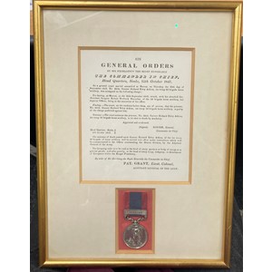 British Victorian Sutlej Medal with Sobraon Clasp to 3919 Gunner Richard Riley Atkins RA who was Court Marshalled on 6th October 1847 and was sentenced to be shot to death by Musketry for striking with a clenched fist Assistant Surgeon Robert Welbank Macaulay of 2nd Brigade Horse Artillery on 26th September 1847. The medal is mounted in a frame along with a copy of General Orders proclaiming his death sentence.