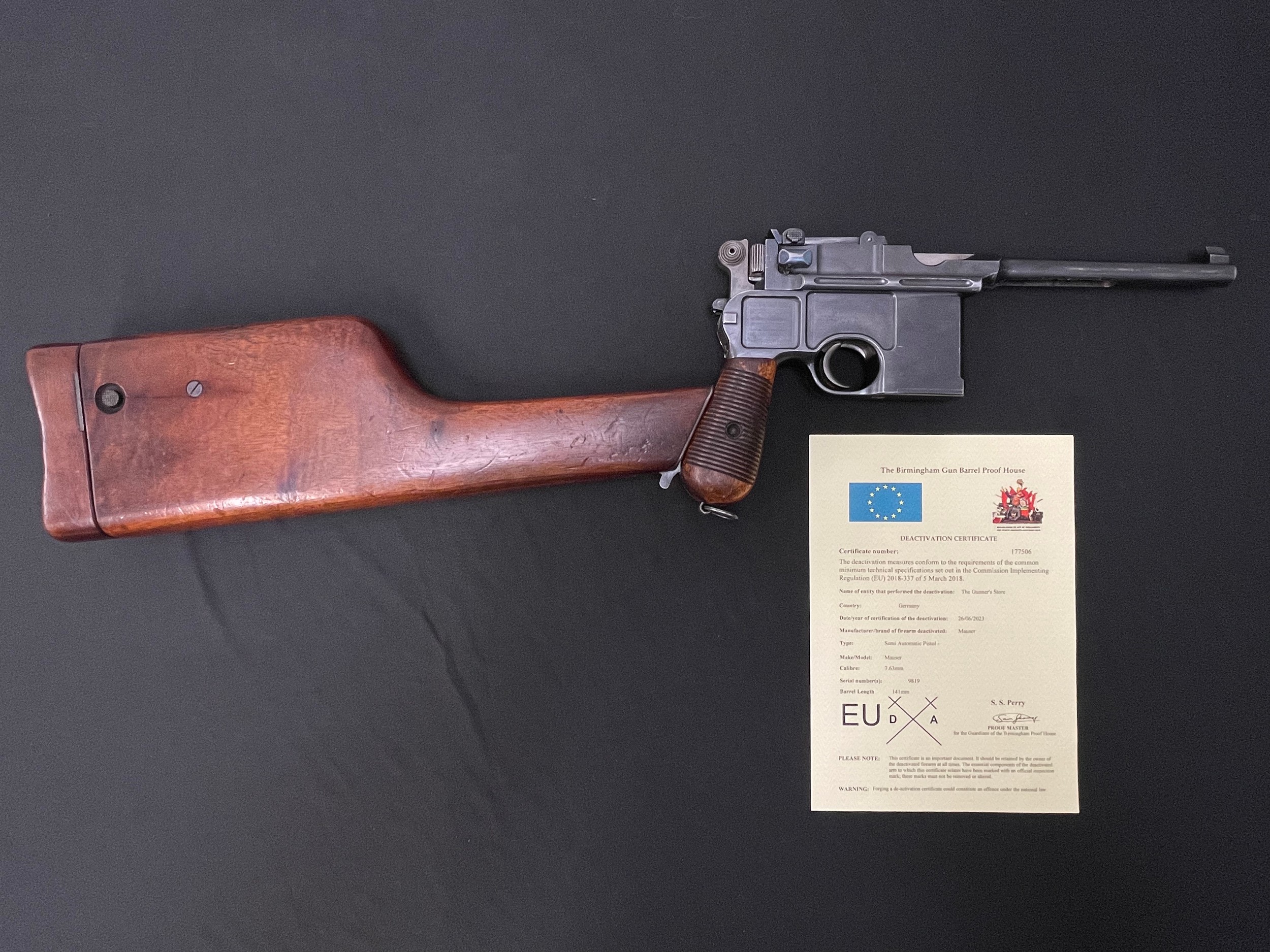 Deactivated Mauser C96 Semi auto pistol 7.63mm cal serial number 9819 complete with original wooden holster/shoulder stock. Barrel length 140mm. Overall length 300mm. Overall length with shoulder stock fitted 630mm. Stock is removable. All matching serial numbers to both gun and shoulder stock. Gun can be cocked and slide will hold on hammer. Working safety catch. Trigger moves but disconnected. Magazine floor plate is removeable. Currect EU/UK Deactivation Certificate issued June 2023. No licence required in the UK.