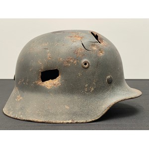 WW2 Third Reich Waffen SS Relic Condition Bullet Holed Single Decal M40 Steel Helmet. Maker marked "Q". Complete with original liner band and pins in place.