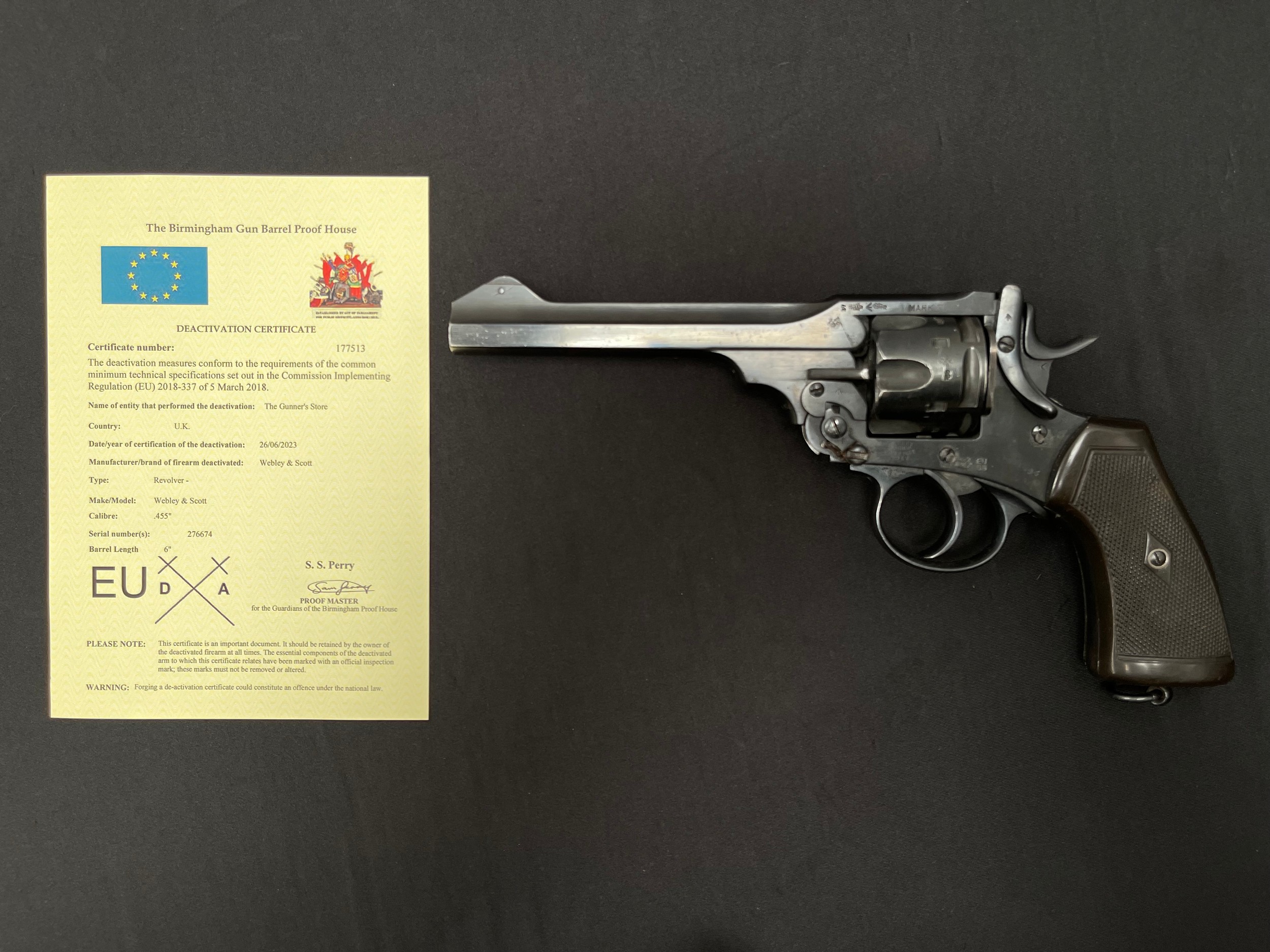 Deactivated Webley & Scott  Mk VI Service Revolver .455 serial no. 276674 with 150mm long barrel. Overall length 285mm. Trigger will pull and cyclinder revolve. Hammer can be moved but will not hold at cock. Frame will open and ejector move. Current EU/UK Deactivation Certificate dated June 2023. No licence required in the UK.
