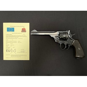 Deactivated Webley & Scott  Mk VI Service Revolver .455 serial no. 276674 with 150mm long barrel. Overall length 285mm. Trigger will pull and cyclinder revolve. Hammer can be moved but will not hold at cock. Frame will open and ejector move. Current EU/UK Deactivation Certificate dated June 2023. No licence required in the UK.