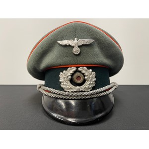 WW2 Third Reich Heer Infanterie Enlisted Mans / NCO's Schirmmutze Cap. Private Purchase Example maker marked to celluloid sweatsheild "F. Eckhard, Hanau" along with "Stirndruckfrei Deutsches Reichpatent". Metal letters pinned to the leather sweatband in the form of the original owners initials "GJ". Size approx. 58.