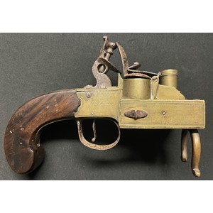 GRIII Flintlock Tinder Lighter with brass body signed "Cornhill, London" along with "P-Bond". Holds at both full and half cocked positions. Overall length 180mm. Height 123mm.