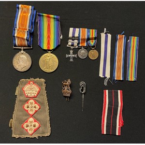 WWI British War Medal and Victory Medals to Captain Alfred Frithjof Merry MC and bars, 18th Battalion The Liverpool Regt. Complete with original ribbons. Along with his Miniature Medals comprising of the Military Cross with two bars, War & Victory Medals, all mounted on a pin backed bar. Spare mini ribbons. He also served in WW2 in the General Service Corps at a Lt. Col. Included are one GS collar dog and one slip on rank slide, plus a souvenir German War Merit Medal ribbon and Hanover Messe 1951 stick pin, Liverpool Rifles Officers Association rules booklet 1921, photocopy of his citation of each award of the Military Cross taken from the Gazette, Daily Telegraph War Map of Europe. In WW2 he served with MI 10 and gathered intelligence used at the Nuremburg Trails. Note:  Please see lot 4001 in this sale for his Brother's WW1 Death Plaque.
