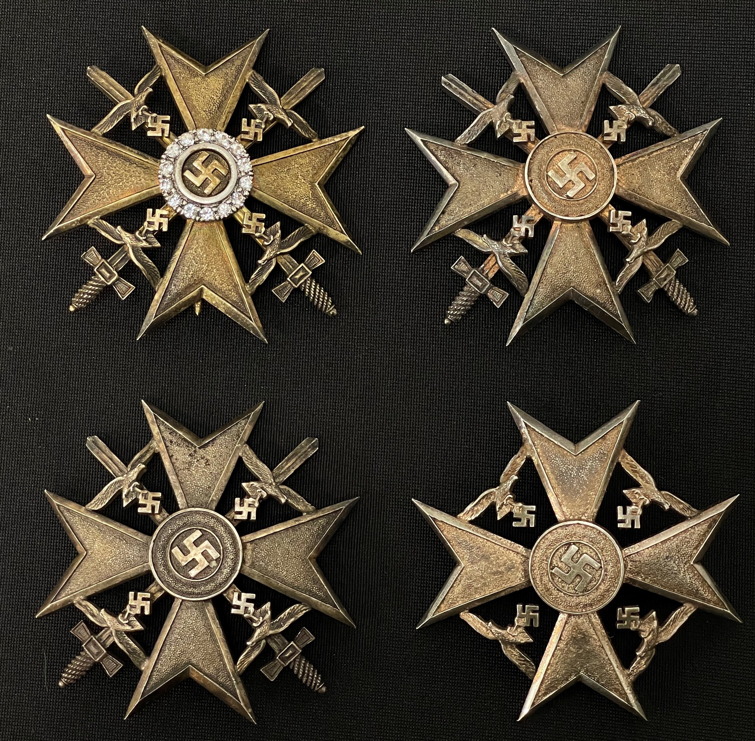 Reproduction Spanish Crosses: Silver without Swords: Silver with Swords x 2: Gold with Swords and Diamonds. (4)