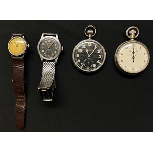 WW2 British Watch collection to include: Watch, Wrist, Waterproof by Vertex. One of the so called "Dirty Dozen". Reverse of case marked WWW along with WD Broad Arrow, serialnumbered "A13626" and "3526544". Does not run. Non original strap: WW2 British GSTP Jager Le Coultre pocket watch case marked with WD Borad Arrow along with "GSTP" and serial number "F009979", Black dial with Arabic numerals, separate seconds dial (Runs and ticks would recommend a clean & service) : WW2 British Stopwatch by Dennison marked on reverse of case "1/10 Sec VC/2534" along with serial number "11534" WD Broad Arrow and "161". Runs and ticks would recommend a clean and service: WW2 British RAF Wristwatch marked on reverse of case "AM 14.A/1102" along with "21722" Does not run. (4)