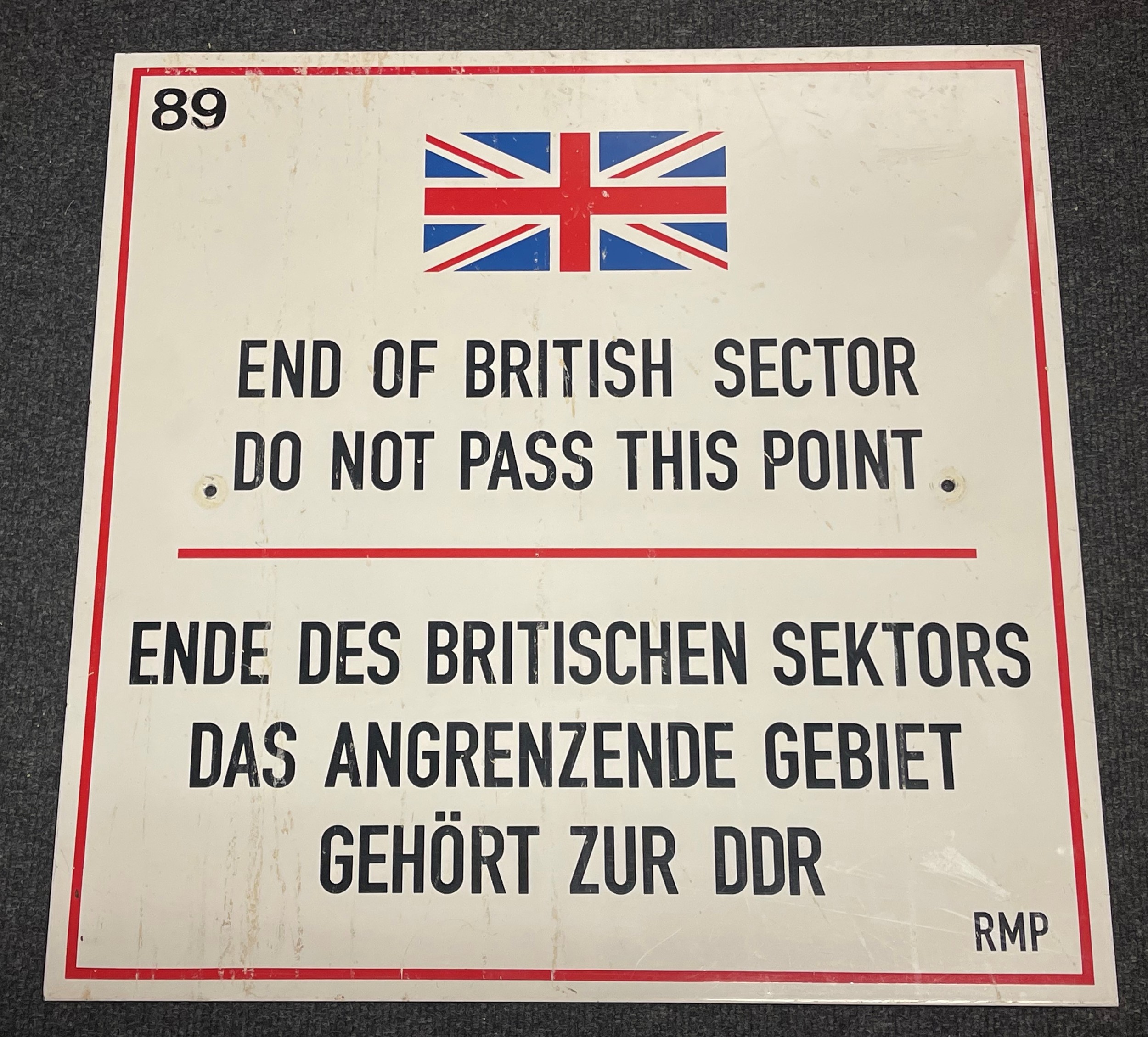 British Royal Military Police Cold War Enamel Warning Sign from the West German/East German Border. Single sided. Size 50cm x 50c.