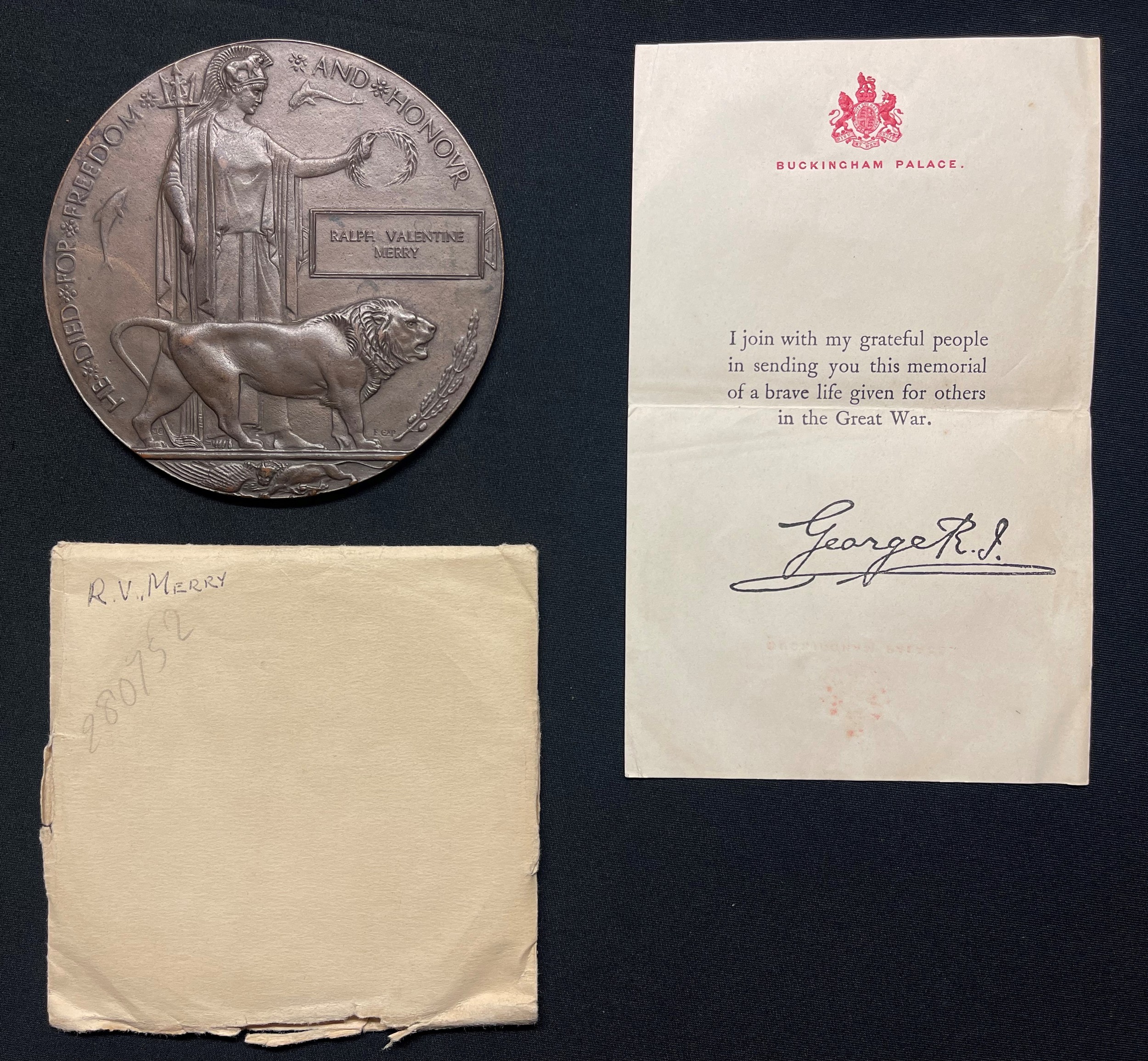 WWI British First Day of the Somme Death Plaque to Second Lieutenant Ralph Valentine Merry, 18th Bn The Kings (Liverpool Regiment). Killed In Action on Saturday 1st July 1916, aged 22. Buried at Dantzig Alley British Cemetery, Mametz, France. Grave Ref: V. W. 10. Son of Alfred and Thora Natalie Merry, of Liscard, Wallasey, Cheshire. The plaque is complete with it's original condolence slip and envelope. New to the market. Note:  Please see lot 4000 in this sale for his Brother's WW1 Medals inc Mini MC with two bars.