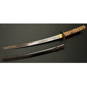 Japanese Wakizashi Sword with single edged blade 520mm in length. Hamon line to blade. Tang is unsigned but with two holes. Black iron Tsuba with gilt decoration. Fittings to the grip are again black with gilt decorations of a group of musicians. Original cloth binding over  Shagreen with Menuki in the form of Dragons. Overall length 695mm. Saya is black laquered finish with flecked gilt decoration. The release catch is decorated with gilt and black geese. War Trophy of a member of the RAF who served in the Far East, new to the market.