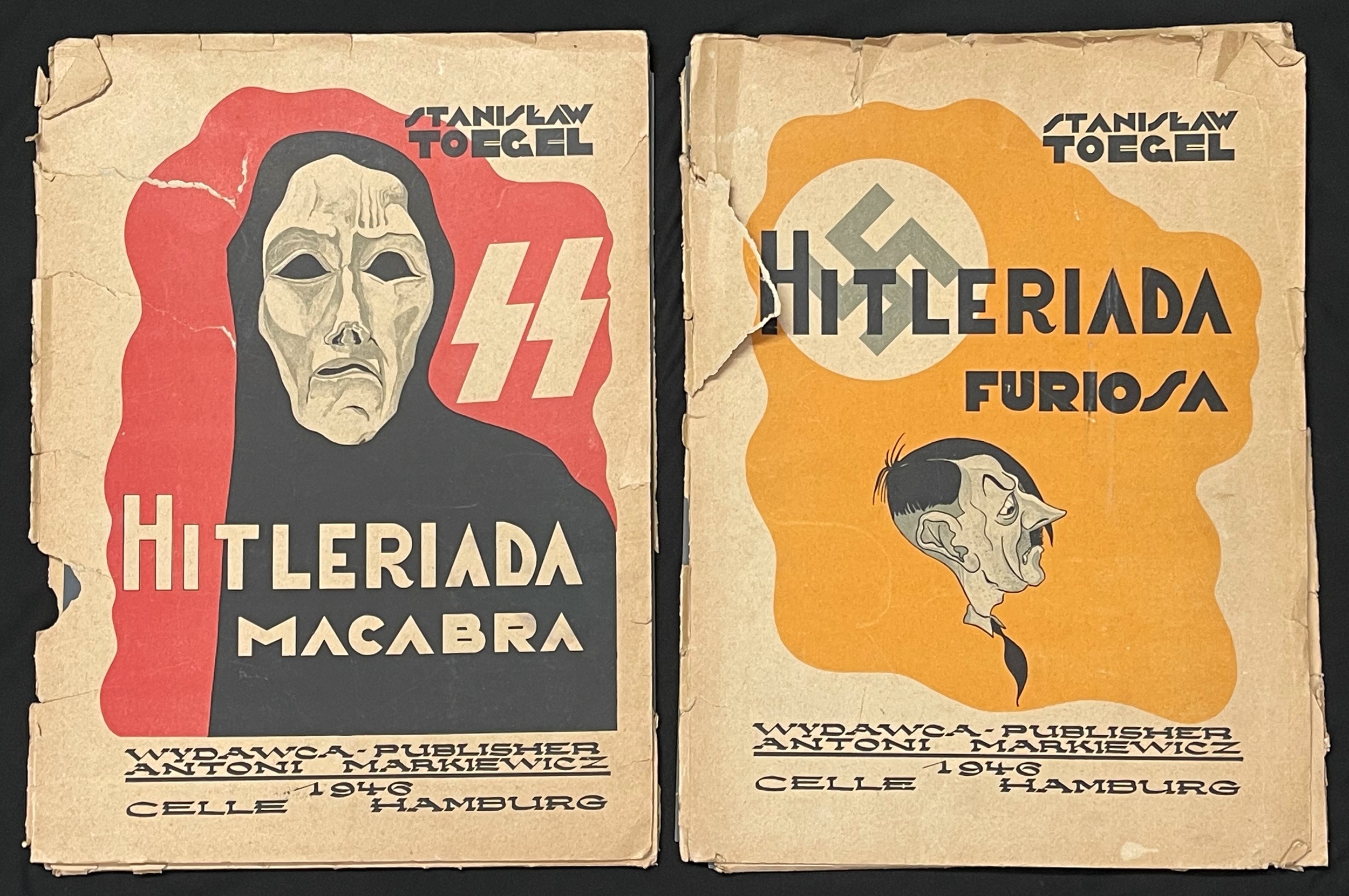Folio of two sets of political satire cartoon prints by Polish artist and forced labourer Stanislaw Toegel entitled "Hitleriada Furiosa" and "Hitleriada Macabra". Limited edition of 1450 copies printed in Germany in 1946. Copy number 1059a and 1059b. Full colour prints in mounts size 43cm x 31.5cm. Text in Polish, English & French.