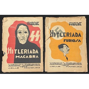 Folio of two sets of political satire cartoon prints by Polish artist and forced labourer Stanislaw Toegel entitled "Hitleriada Furiosa" and "Hitleriada Macabra". Limited edition of 1450 copies printed in Germany in 1946. Copy number 1059a and 1059b. Full colour prints in mounts size 43cm x 31.5cm. Text in Polish, English & French.