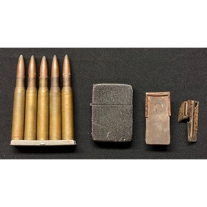 WW2 US Army Zippo Cigarette Lighter In Wartime Black Crinkle Finish: D-Day Airborne Cricket Clicker: P38 Ration Pack Tin Opener: Clip of five .30-06 INERT FFE Rounds all headstamped for Frankfurt Aresnal and dated 1941. Clip marked "SEY". (4)