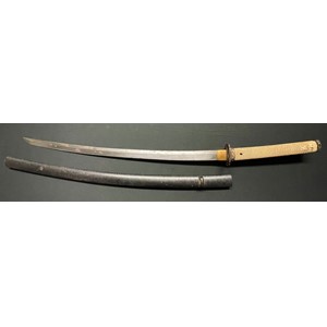 Japanese Katana with single edged blade 640mm in length. Tang is signed. Two holes to tang. Decorated Iron Tsuba. Cord binding to Sharkskin grip is missing. Decorated wooden Saya. Overall length 870mm. Note: New to the market. The vendors father fought with the RAF in the Far East in WW2 and this was one of his war souvenirs.