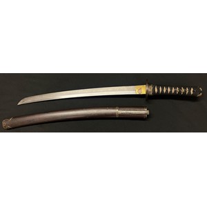 Japanese Wakizashi Short Sword with single edged blade 455mm in length. Hamon line is present. Signed tang. Tsuba with floral decoration. Grip with Menuki. Overall length 620mm. Saya scabbard decorated with Dragonflies along with Kogatana knife with 95mm long blade, bronze decorated grip, signed, overall length 193mm. Also with Kogai hair pins in brass with decoration.