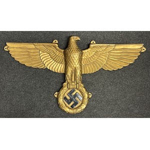 WW2 Third Reich Large Kreigsmarine U Boat or E Boat Reichsadler Cast Alloy Eagle, 715mm x 400mm. Depth 60mm to eagle's chest. No makers marks. Gilt painted finish with swastika in black with silver edges. Six integral cast tabs to edges for screw fixing.