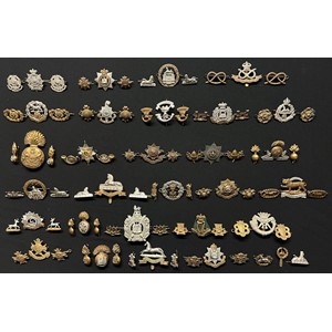 WW2 British Cap Badges together with matching Collar Dogs to include: Border Regt: Devonshire Regt: Dorsets: South Staffs: Hampshires: Royal Sussex Regt: Somerset Light Infantry: Suffolks: East Lancs: Royal Scots Fusiliers: Worcestershire Regt: Lincolns: Green Howards: East Yorks: Leicestershire Regt: Bedfordshire Regt: RWF: KOSB: Royal Irish Regt: Duke of Cornwalls Light Infantry: Notts & Derbys brooch pinned: Inniskilling Fusiliers: West Yorks: East Surrey Regt: Gloucestershire Regt back badge.