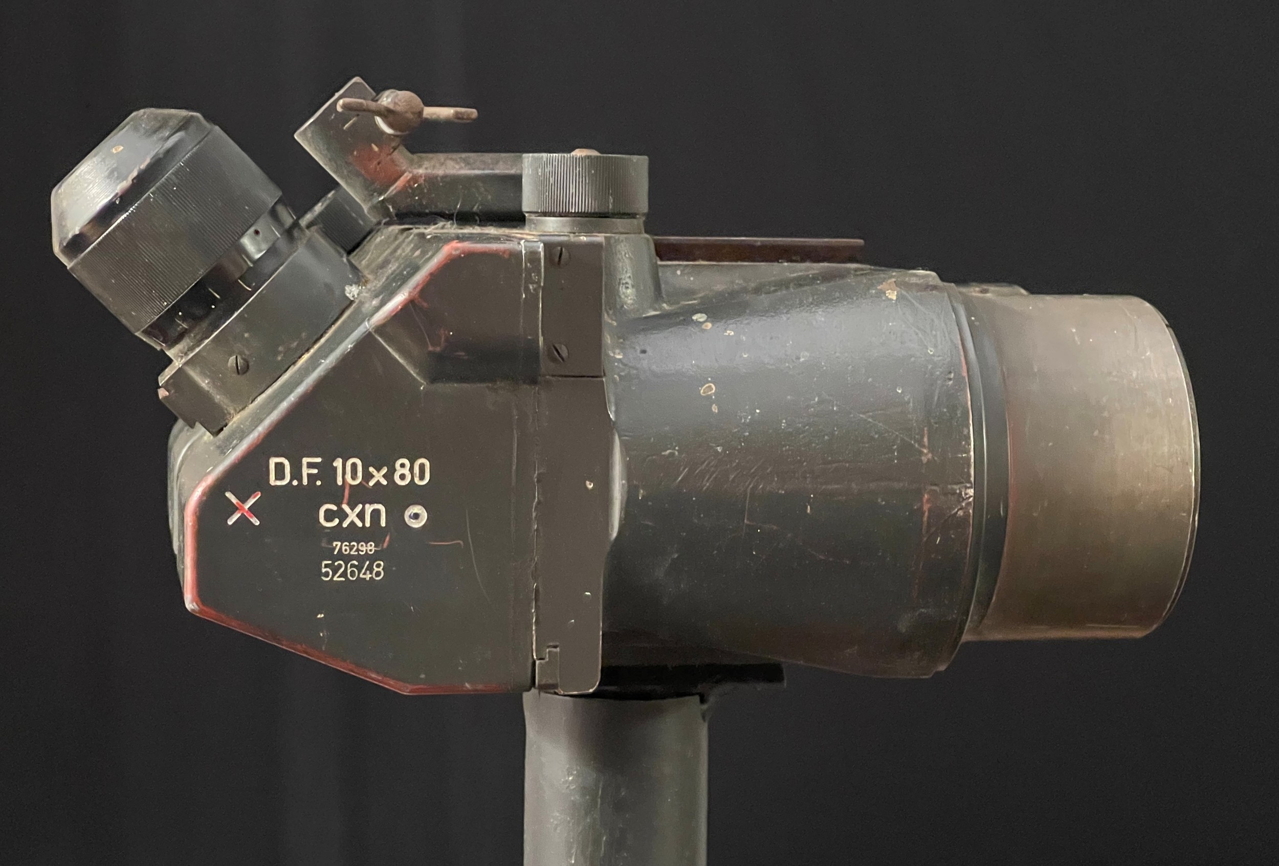 WW2 Third Reich Flakfernrohr DF 10 x 80 Flak Binoculars, maker marked "cxn" for Emil Busch A-G, Optische Industrie, Rathenow. Original feld grau paint. Comes with a British made tripod which they will fit.