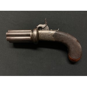 English Pepperbox Pistol with 6 barrels each 65mm in length, bore approx. 9mm by "Cort & Co, Leicester". Working action and safety catch.  Folding trigger. Plain white metal escutcheon plate. Engraved decoration to both sides of the lock and to the Dolphin shaped hammer. Overall length 205mm. NOTE: Section 58 (2) No licence required in the UK.