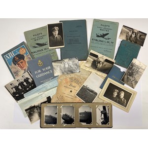 WW2 British RAF Halifax Flight Engineers flying log book group to 1488684 Joseph Harold Hands, later Sgt, later Flying Officer: comprising of: Airmans Pay Book dated 1941: Log Book begins 9/7/44 at 1666 Conversion Unit, moves to 426 Sqd on 8/9/44 completing 31 Ops by 2/2/45 when he was "Screened". Further non operation flying until demobbed in 1946 having completed 222 daylight hours and 202 Night Hours. Also included in this group are: Private Photo album with over 20 unpublished photos of him and the crew in flying kit along with their aircraft etc: original "Pilots Notes" books for Halifax III & VII and Stirling I, III, IV: Hercules VI & XVI Fuel Compsumption Indicator Calculator: "ABC of the RAF" and "For Your Guidance booklets": Pay slips, notes, RAPC shoulder title, etc. New to the market. Please see lot 5218 in this sale for his flying helmet & Oxygen mask.