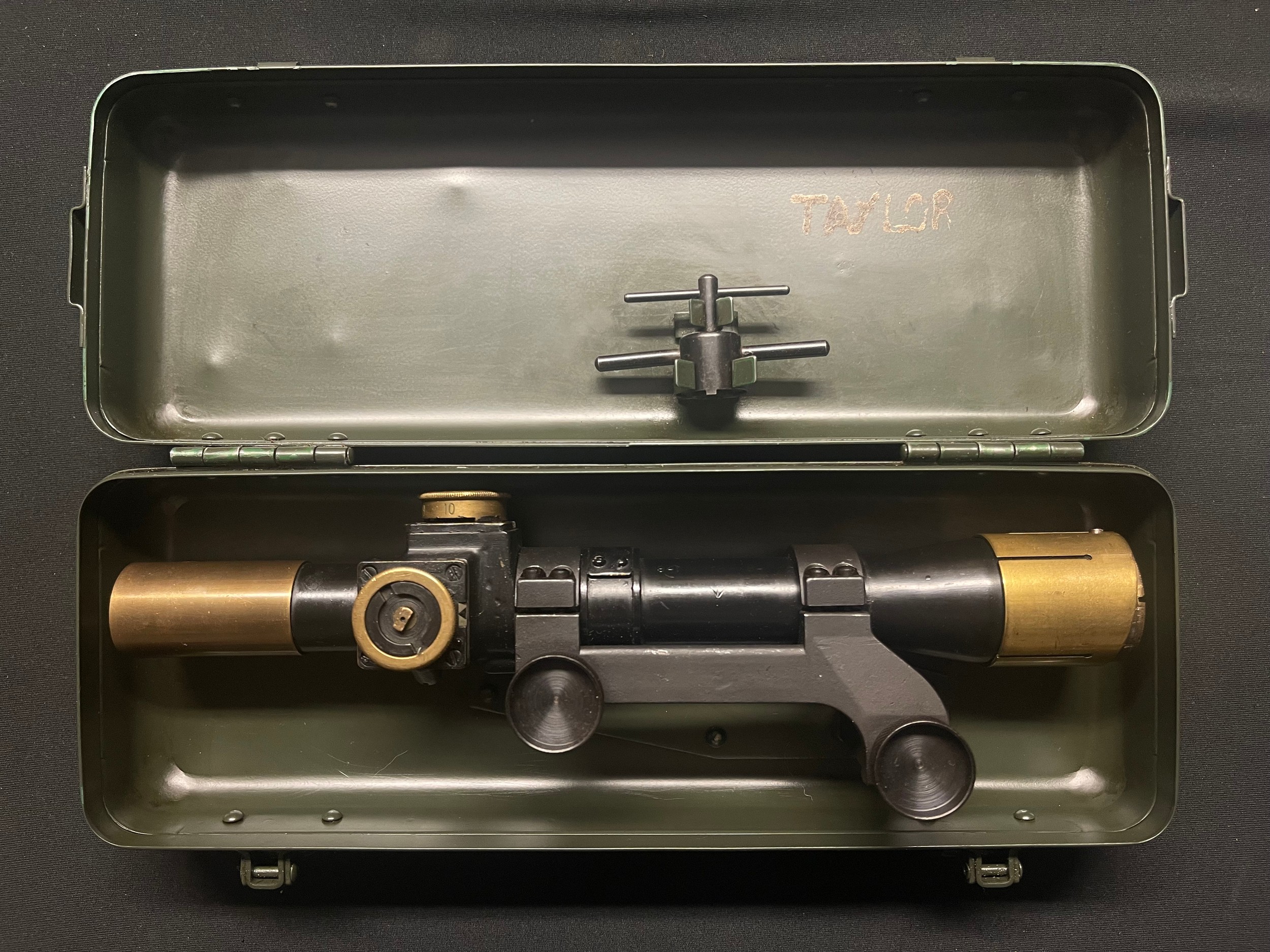 WW2 British Lee Enfield Sniper Rifle No32 MkI Telescopic Sight dated 1941 and maker marked for William Watson, serial number 1064. Complete with rifle mounts and in original Case Sighting Telescope No8 MKI maker marked and dated "BE Ltd 1944" along with No32 Sight Adjustment Tool.