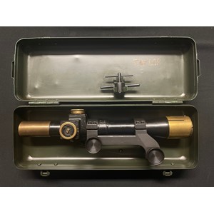 WW2 British Lee Enfield Sniper Rifle No32 MkI Telescopic Sight dated 1941 and maker marked for William Watson, serial number 1064. Complete with rifle mounts and in original Case Sighting Telescope No8 MKI maker marked and dated "BE Ltd 1944" along with No32 Sight Adjustment Tool.