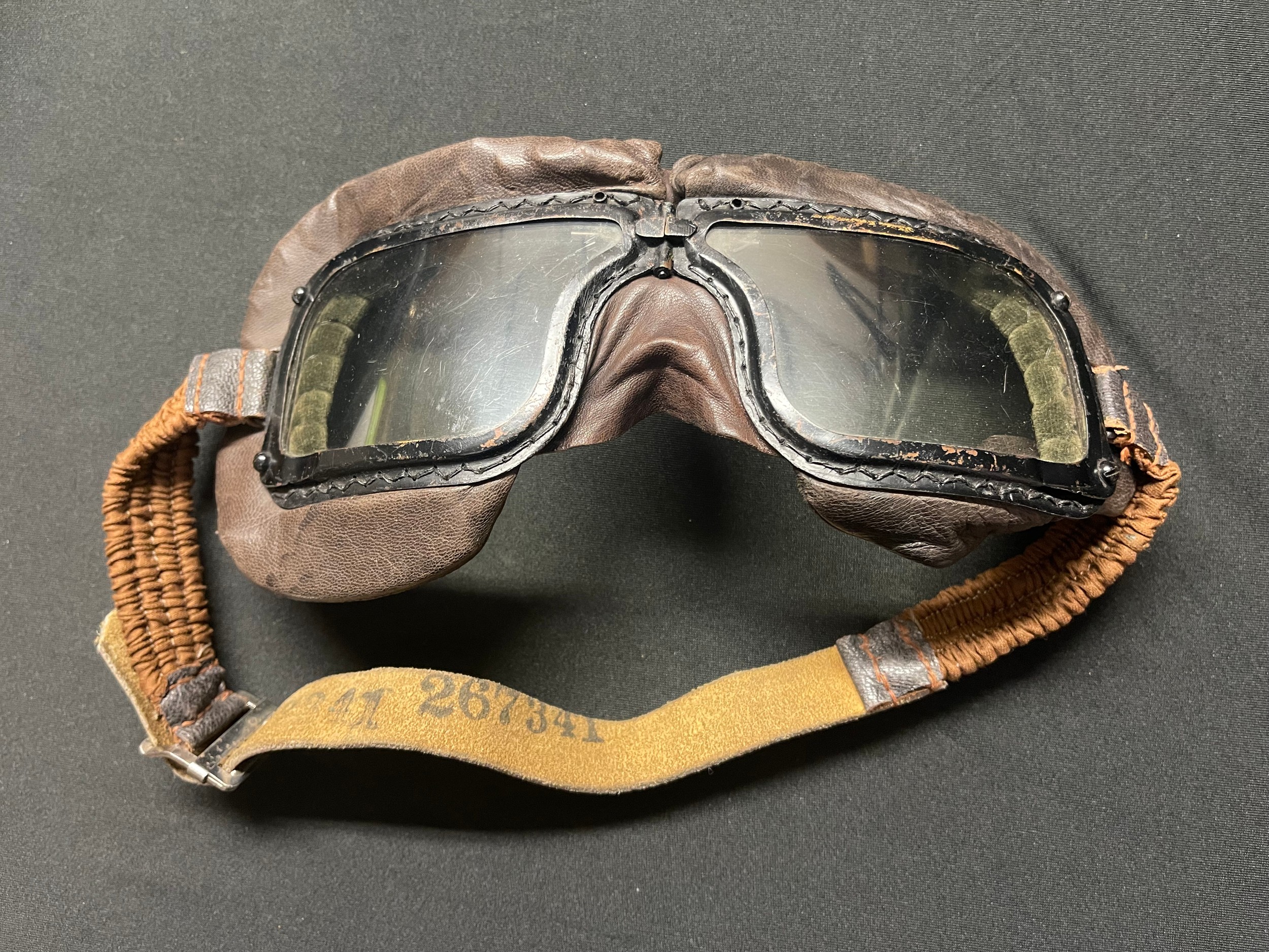 WW2 RAF /RCAF Battle of Britian era MKIII Flying Goggles, impressed mark on strap "RCAF No.22C/13" "CCB" and dated 1940. Additional ink markings on reverse of strap "267341".