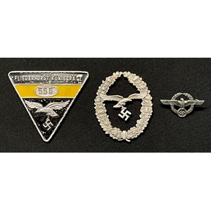 WW2 Third Reich Luftwaffe Fliegerhorst Koniggratz identity badge: Luftwaffe Marksmans lanyards badge, no pins: Wehrmacht Civil Employee Faithful Service Lapel badge. (3)