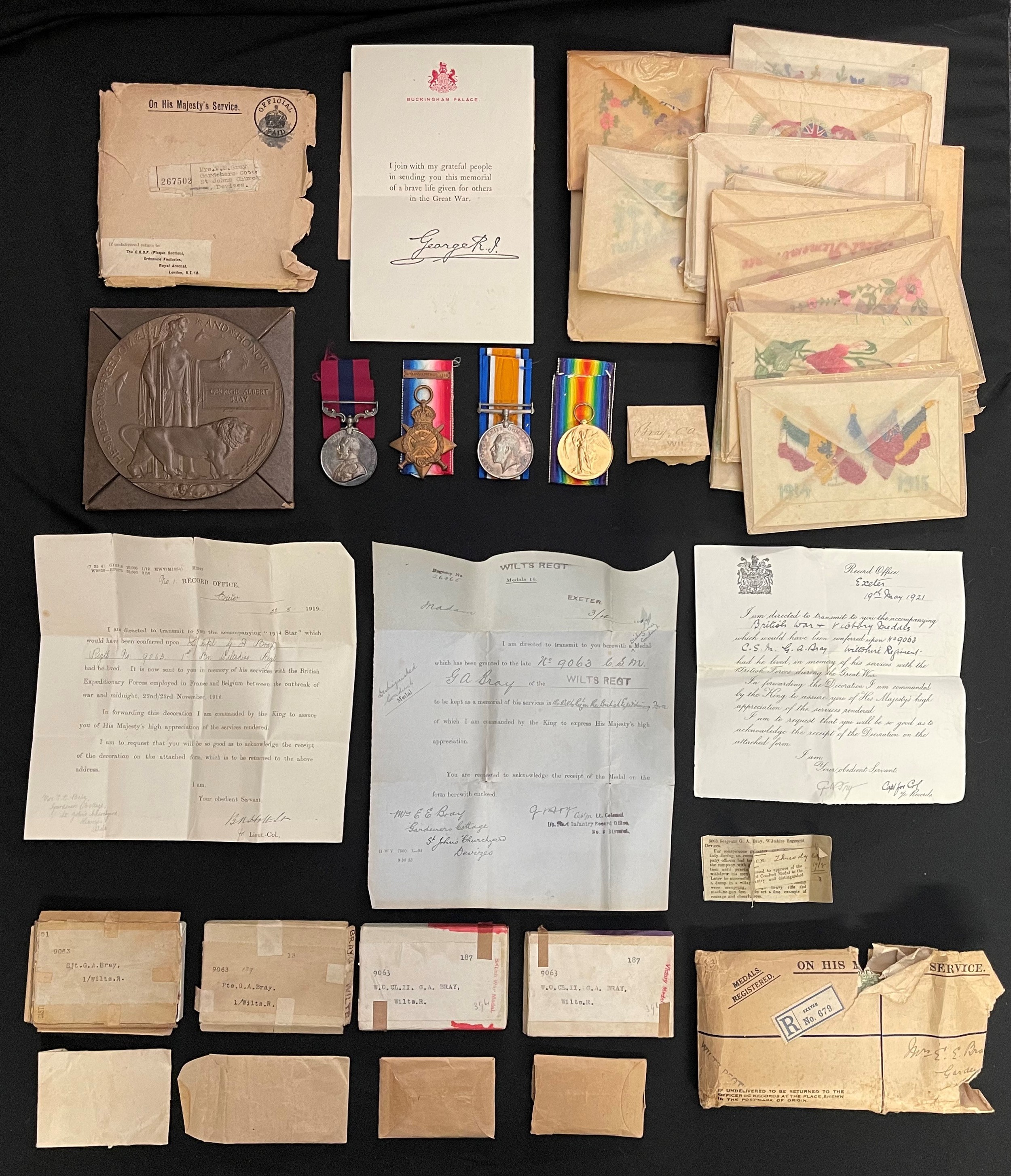 WWI British Distinguished Conduct Medal group comprising of GR V DCM, Death Plaque, 1914 Star British War Medal and Victory Medal to 9063 Sjt GA Bray, 1st Battl. Wiltshire Regt. All in original packets with ribbons: Press Cutting of DCM Citation dated Nov 9th 1918: plus 24 Silk Postcards all in original cellophane wrappers. New to the market.