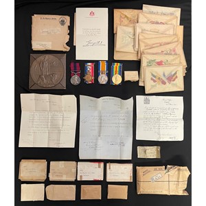 WWI British Distinguished Conduct Medal group comprising of GR V DCM, Death Plaque, 1914 Star British War Medal and Victory Medal to 9063 Sjt GA Bray, 1st Battl. Wiltshire Regt. All in original packets with ribbons: Press Cutting of DCM Citation dated Nov 9th 1918: plus 24 Silk Postcards all in original cellophane wrappers. New to the market.