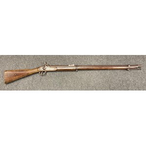 British Military "Bar on Band" Enfield Short Percussion Cap Rifle. Working action. 83cm long barrel. Lock marked 1860 and Tower with Crown VR. Barrel with British military proof marks. Stock with Board of Ordnance roundel. Overall length 124cm. Production did not commence until 1859 and it was soon superseded  the Pattern 1860 short rifle, only a few thousand of the "bar on band" variants were produced. A scarce British military service rifle with low production figures and a very limited service life. NOTE: Section 58 (2) No licence required in the UK.