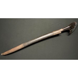 Turkish Ear Sword with single edged blade 590mm in length with engraved Islamic decoration and lettering. White metal mounts to blade which continue onto the horn grip. Overall length 722mm. Complete with leather covered wooden scabbard.
