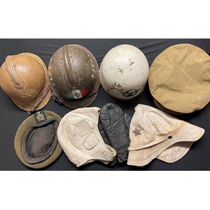 Reproduction Headgear collection to include: WW1 Russian helmet, WW2 French FFI Helmet, Danzig Police Crash Helmet, original 1930's leather motoring helmet, WW1 British Gor Blimey cap, Russian cap, etc.