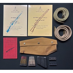 WW1 British SMLE webbing rifle sling maker marked and dated "Warrings 1917": SMLE spare magazine, with inspection markings: two clips of inert .303 training rounds: Training Manual dated 1940: reproduction sling and action cover: Small Arms Identification Series books on the SMLE and No4 Rifles by Ian Skenneton: pair of charging clips: Nose cap screw. NOTE: UK Bidders only on these items please.