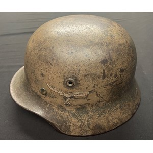 WW2 Third Reich Luftwaffe M40 Italian Front Tan Camo Steel Helmet. Single decal. Maker and size marked "Q62". Lot number 161. Complete with original liner size marked 54 along with original owners initials "A.Sch". Chinstrap is maker marked "Sattler Lago Wien 1941".
