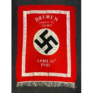 WW2 Third Reich Podium Banner captured by members of the British 52nd Lowland Dvision on April 25th 1945 in Bremen. The banner has been stenciled with the place and date and then signed by individual members of the unit. Size 103cm x 74cm. Three hanging rings. Never been in a collection before and was brought home as a souvenir by the vendors Great Uncle Stan Burford who also signed the banner. A photo of him in uniform on his BSA M20 motorcycle can be emailed to the winning bidder.