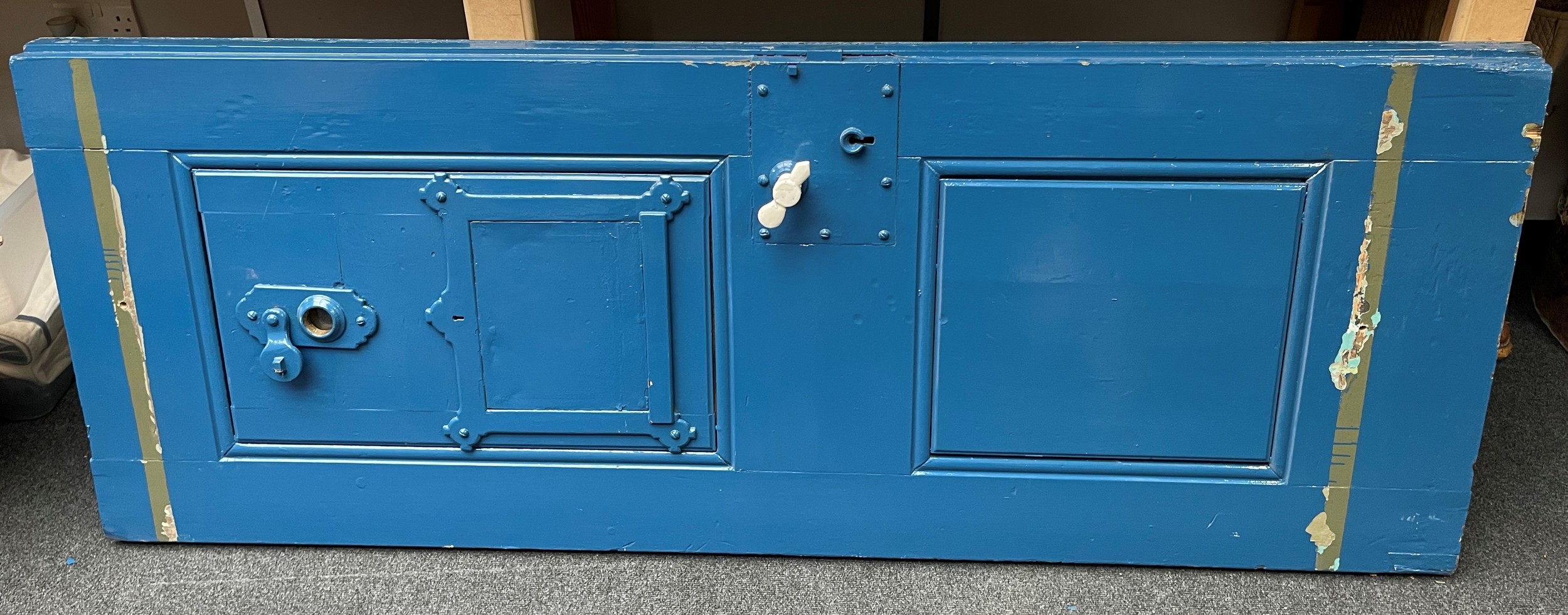 19th Century Police Station Prison Cell Door taken from Handsworth West Police Station, Holyhead Road, Birmingham. Size approx. 185cm in height, 69cm in width. The door is 65mm in thickness. Fitted with a reinforcing steel plate the door is very heavy. No keys to either the hatch or the main lock.