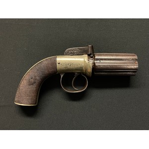 British Percussion Cap Pepperpot Pistol with 65mm long barrel. Bore approx. 9mm. Working action. British Proof marked. No makers mark. Nickle plated receiver with engraved floral decoration. Finely checkered grips. Overall length approx. 190mm. NOTE: Section 58 (2) No licence required in the UK.