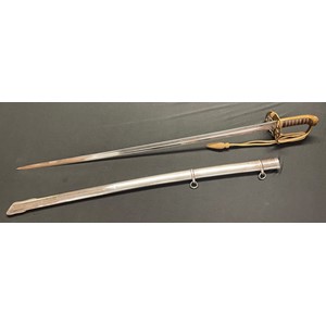 Victorian Army Infantry Officers Sword with single edged fullered blade with etched decoration, owners initials "HG" along with retailers name "Philip & Son, 13 George St. Hanover Square, London" along with Proof mark and serial number 2406 to spine of blade, length 820mm. Brass guard with VR cypher, wire bound leather grip, sword knot. Overall length 960mm. Complete with plated scabbard with twin suspension rings.