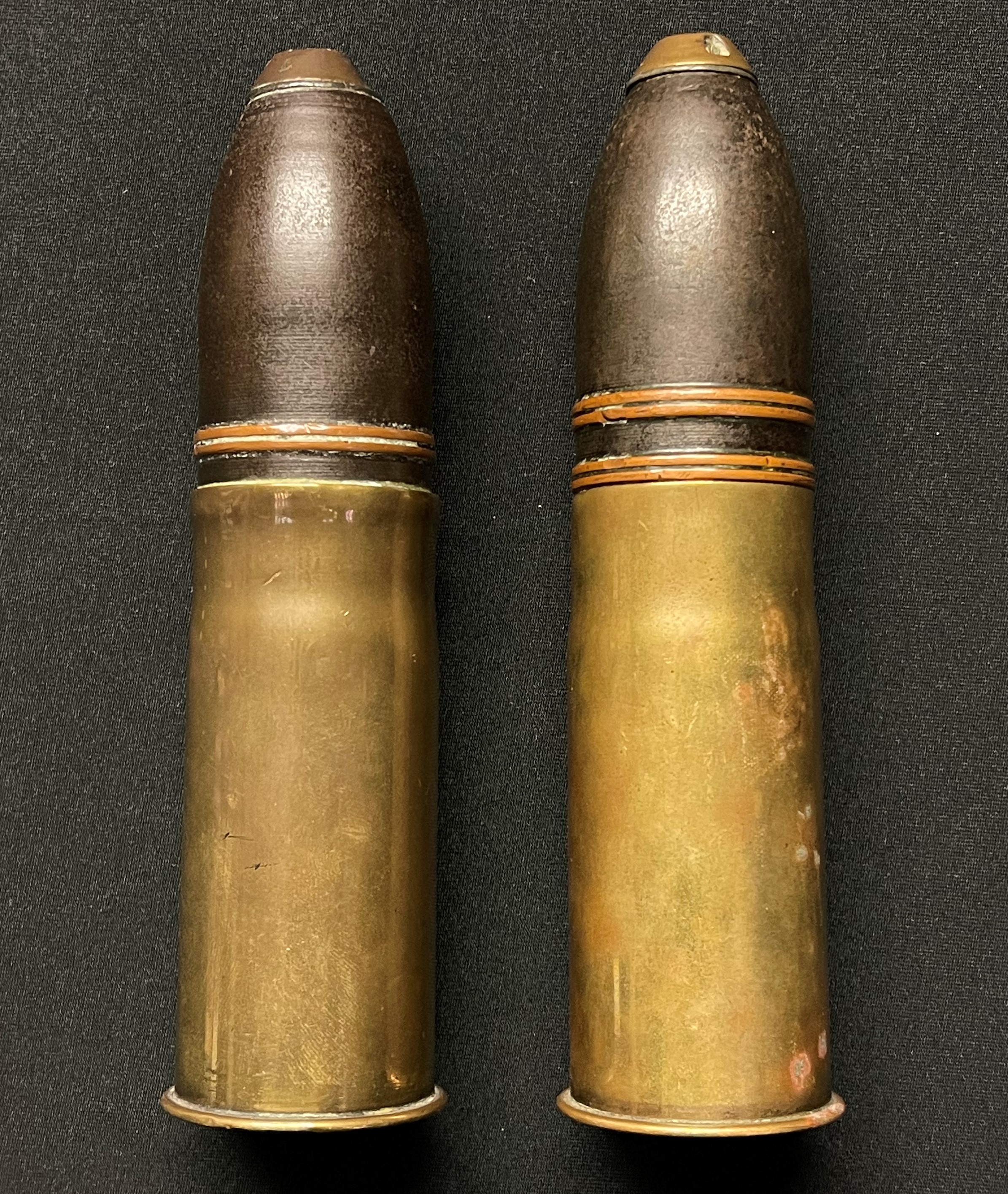 WW1 French 37mm Shells x 2. Both INERT & FFE. One dated 1/17 along with headstamps of 37-85 and PDPs 338. (2)