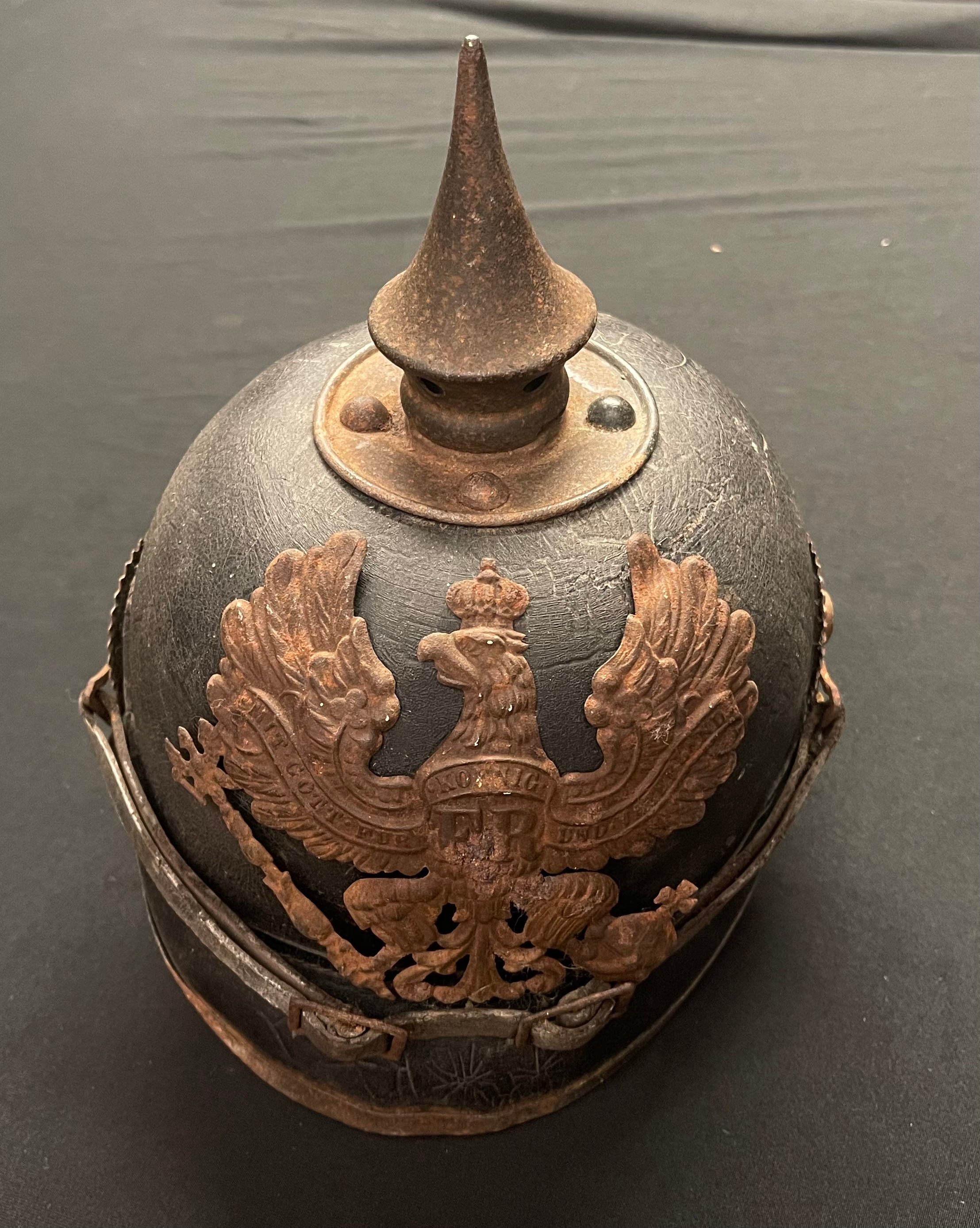 WW1 Imperial German Pickelhaube Helmet. Unrestored original condition. Complete with Prussian Helmet plate, both cockades, chinstrap. Liner is present but fragmentary.