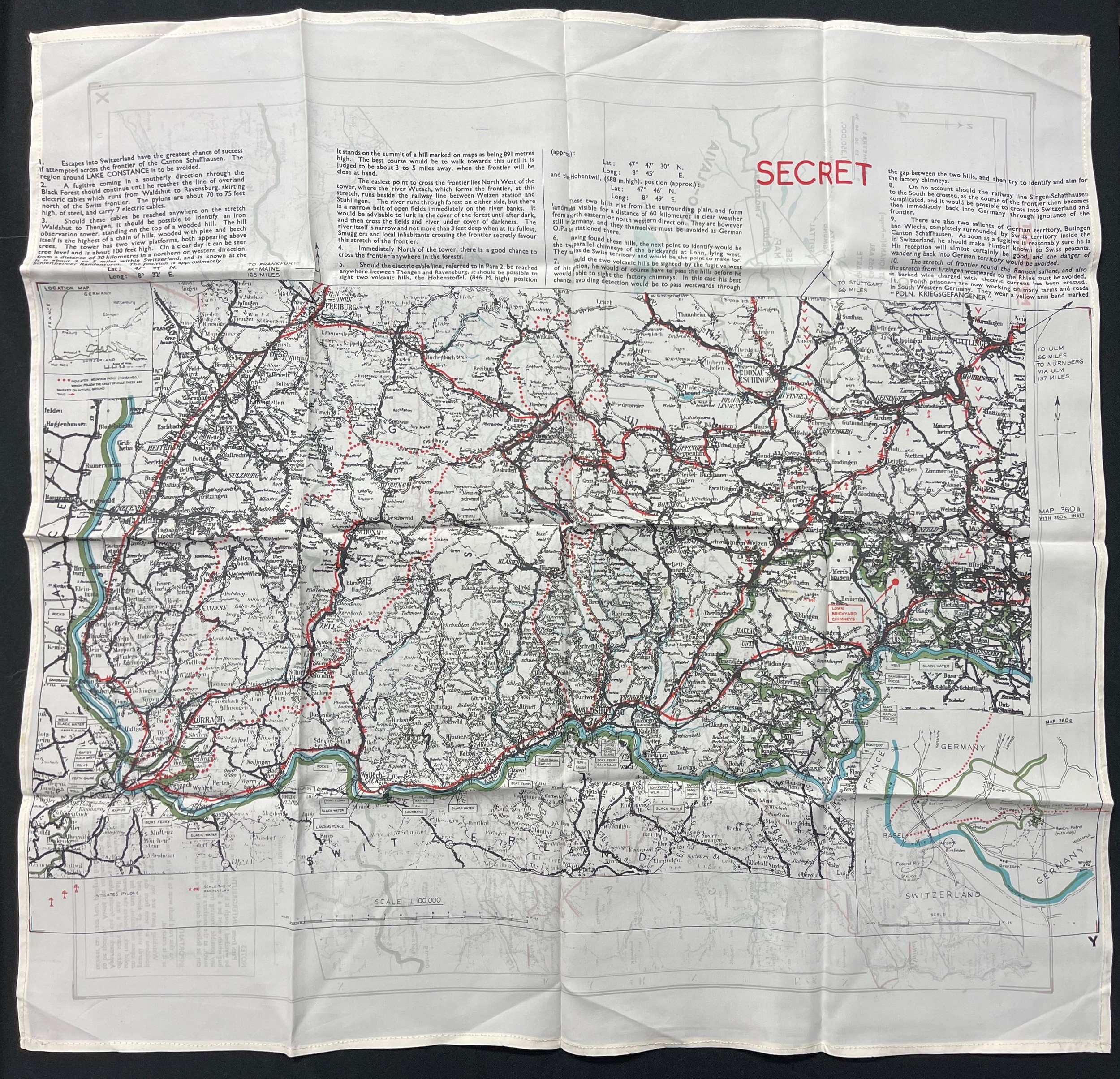 WW2 British RAF Silk Escape Map code letter X / Y. Shows escape routes to Switzerland. Double sided.
