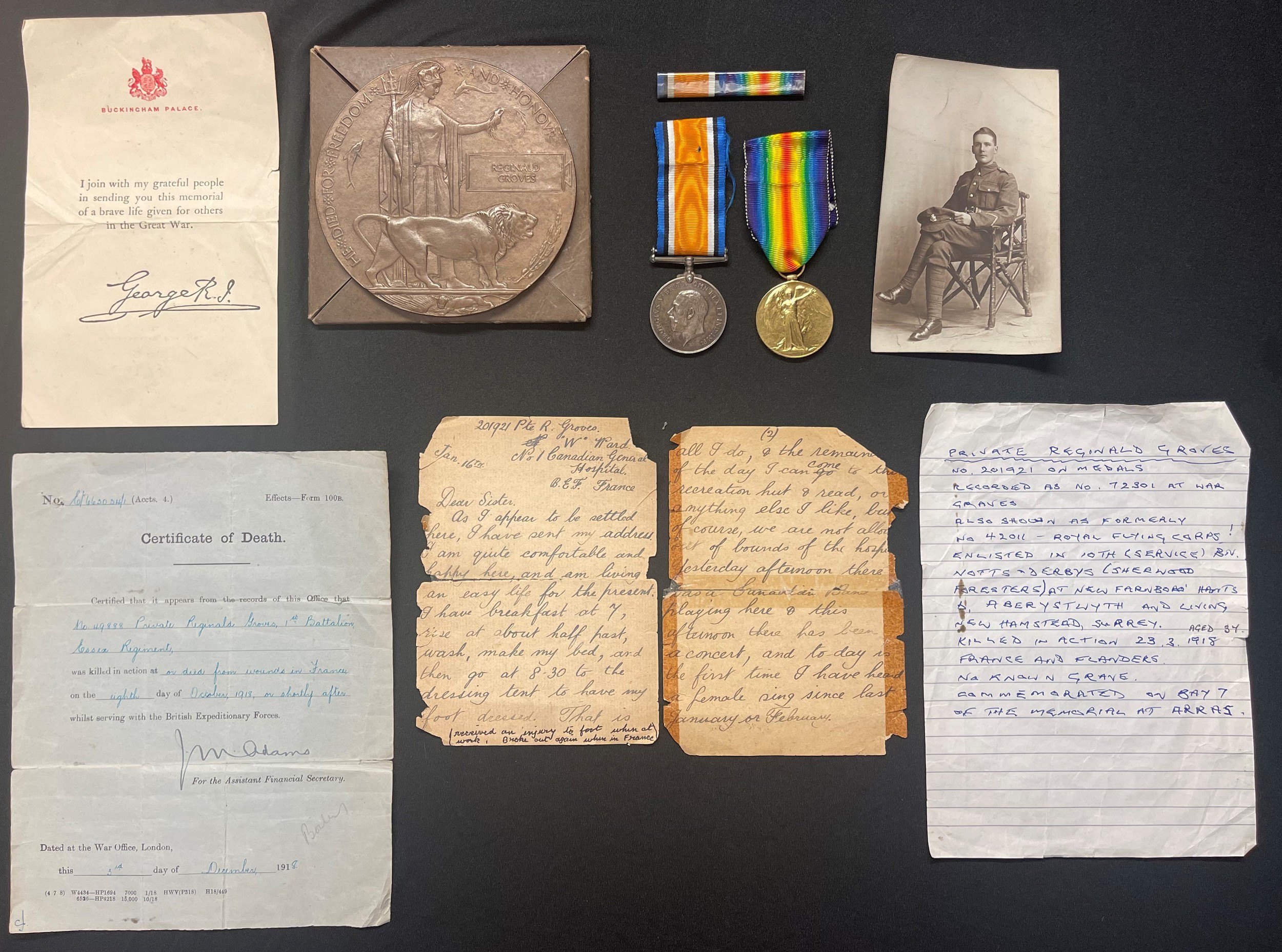 WW1 British death plaque in box of issue with slip, War Medal and Victory Medal with original ribbons to 201921 Pte Reginald Groves, Notts & Derby Regt along with a portrait photograph of him in uniform, War Office Death Certificate, photo of Church War memorial, medal ribbon bar, letter from him to his sister, family history re his service. KIA October 23rd 1918 while serving as 49888 Pte Groves, 1st Battalion, Essex Regt. No known grave.