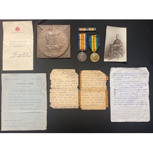 WW1 British death plaque in box of issue with slip, War Medal and Victory Medal with original ribbons to 201921 Pte Reginald Groves, Notts & Derby Regt along with a portrait photograph of him in uniform, War Office Death Certificate, photo of Church War memorial, medal ribbon bar, letter from him to his sister, family history re his service. KIA October 23rd 1918 while serving as 49888 Pte Groves, 1st Battalion, Essex Regt. No known grave.