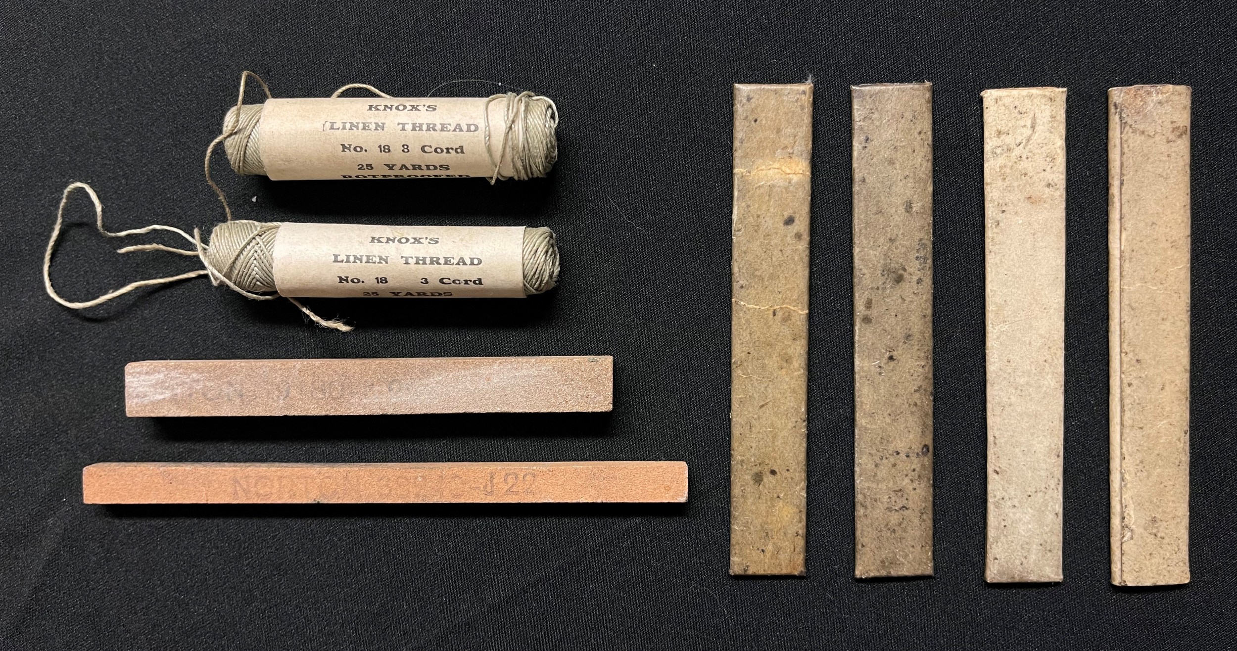 WW2 British RAF Aircrew Survival Kit contents: Knox's Linen thread x 2, sharpening stones x 2, files x4. All in unissued condition.